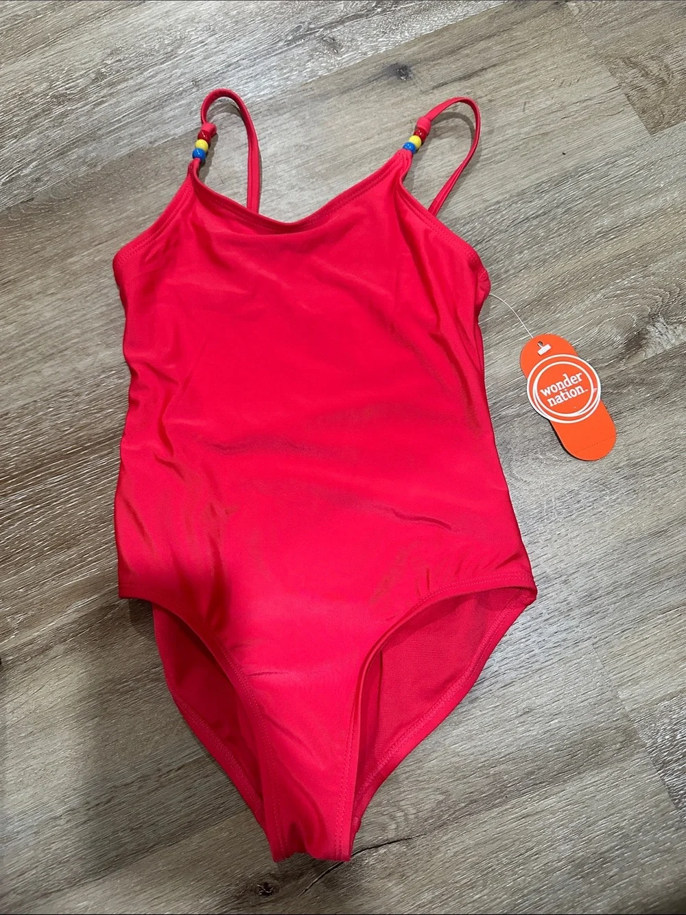 wonder nation Bright Red Girls' One-Piece Swimsuit with Bead-Strap Accents